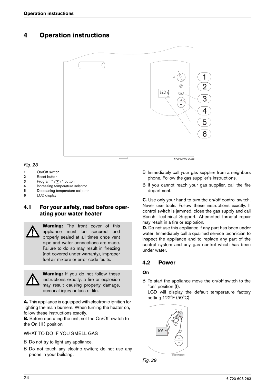 Bosch Appliances 2400E NG manual Operation instructions, For your safety, read before oper- ating your water heater, Power 