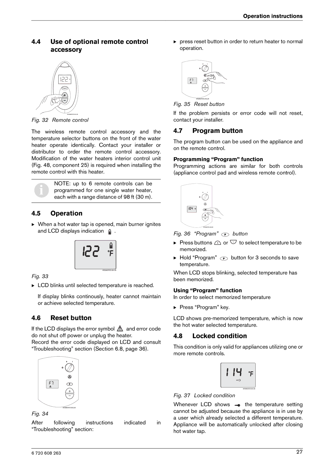 Bosch Appliances 2400E LP, 2400E NG manual Use of optional remote control accessory, Operation, Reset button, Program button 