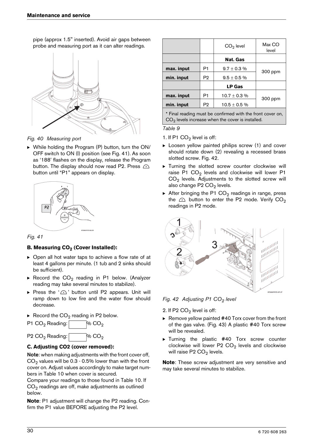 Bosch Appliances 2400E NG, 2400E LP manual Measuring CO2 Cover Installed, Adjusting CO2 cover removed 