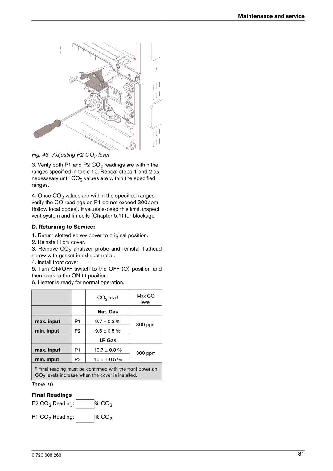 Bosch Appliances 2400E LP, 2400E NG manual Returning to Service, Final Readings 