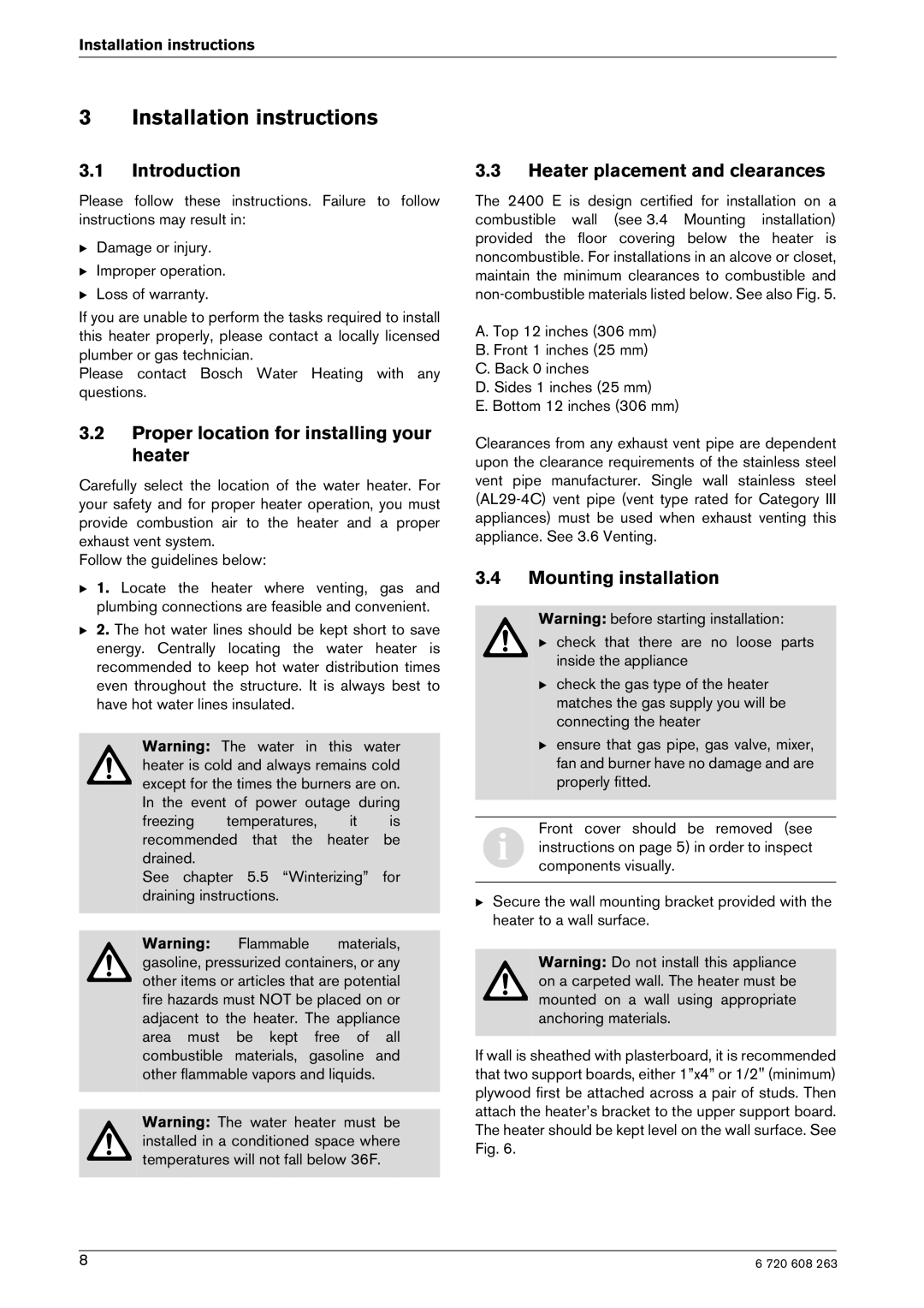 Bosch Appliances 2400E NG, 2400E LP Installation instructions, Introduction, Proper location for installing your heater 