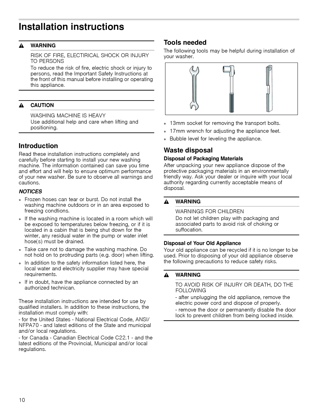 Bosch Appliances 24202UC manual Installation instructions, Tools needed, Introduction, Waste disposal 