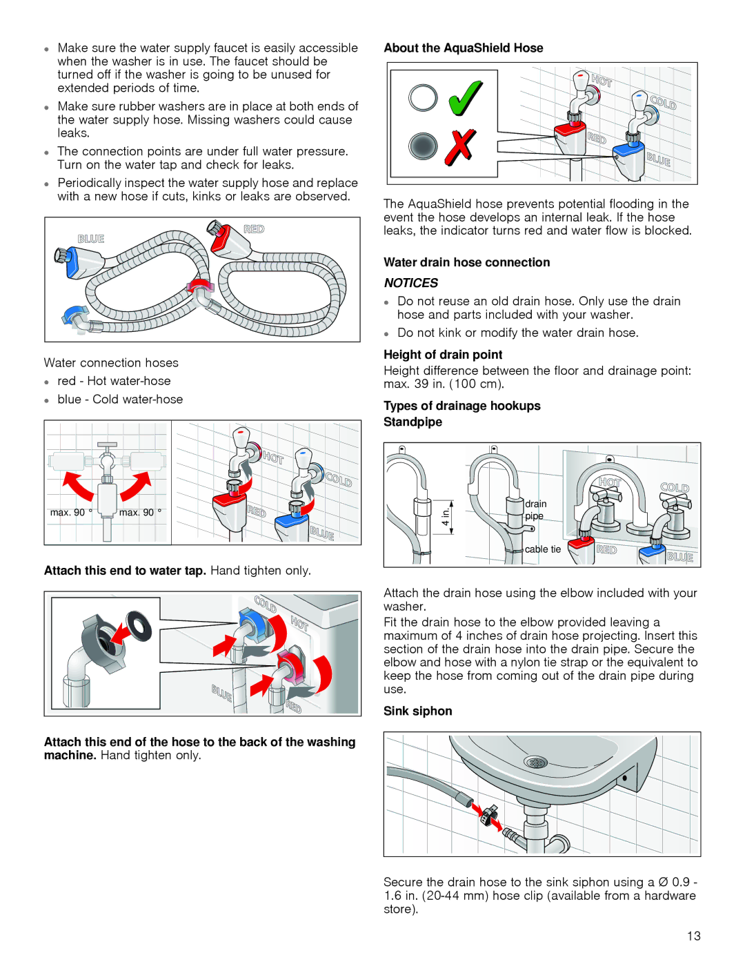 Bosch Appliances 24202UC manual Water drain hose connection, Height of drain point, Types of drainage hookups Standpipe 