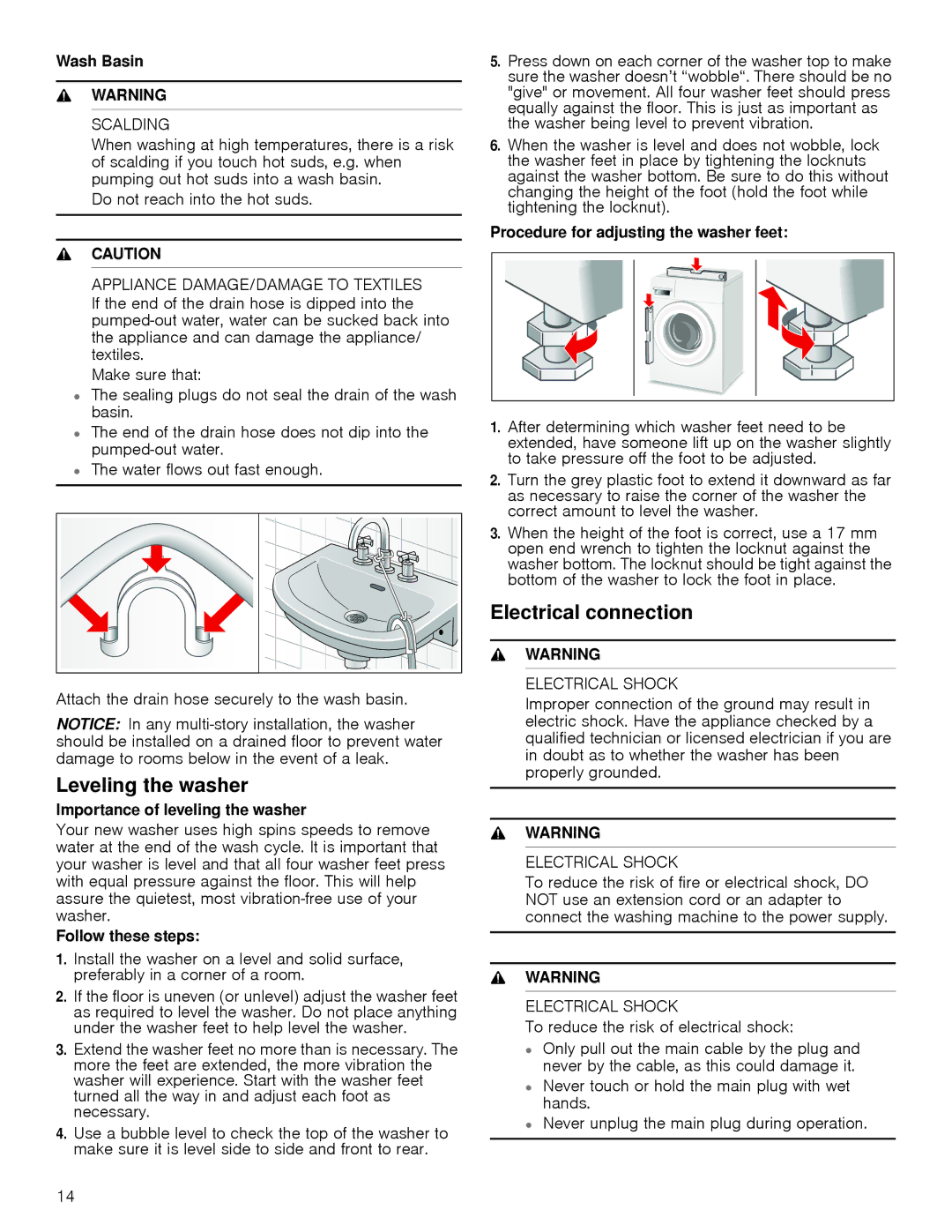 Bosch Appliances 24202UC manual Leveling the washer, Electrical connection 