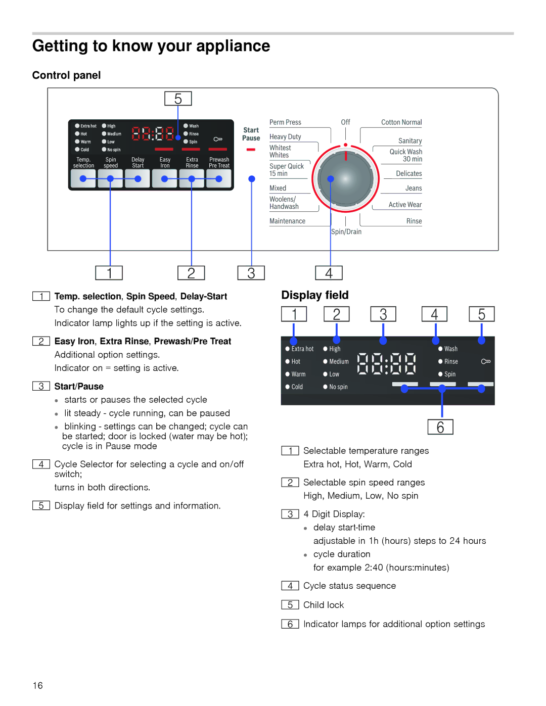 Bosch Appliances 24202UC manual Getting to know your appliance, Display field, Control panel, Start/Pause 