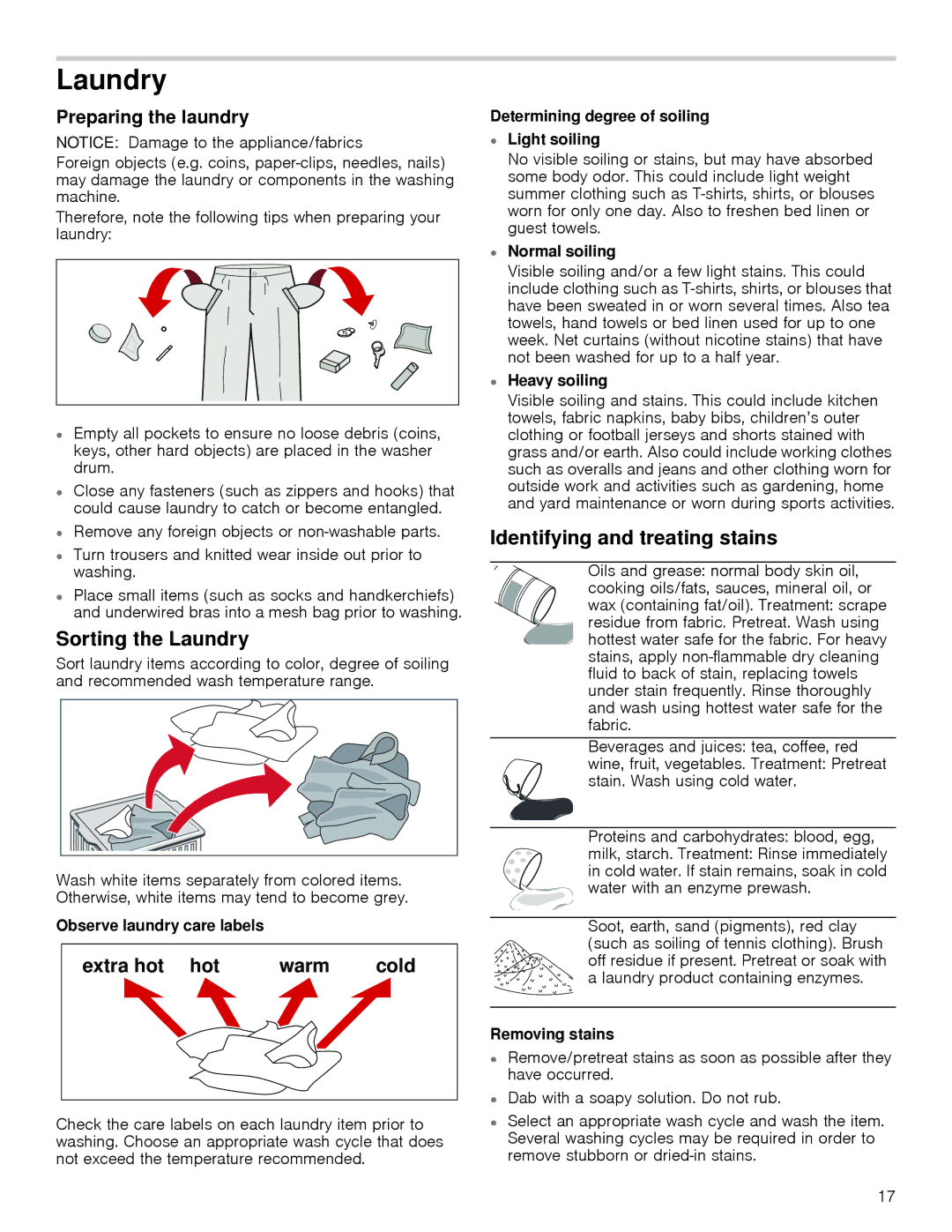 Bosch Appliances 24202UC manual Sorting the Laundry, Identifying and treating stains, Preparing the laundry 