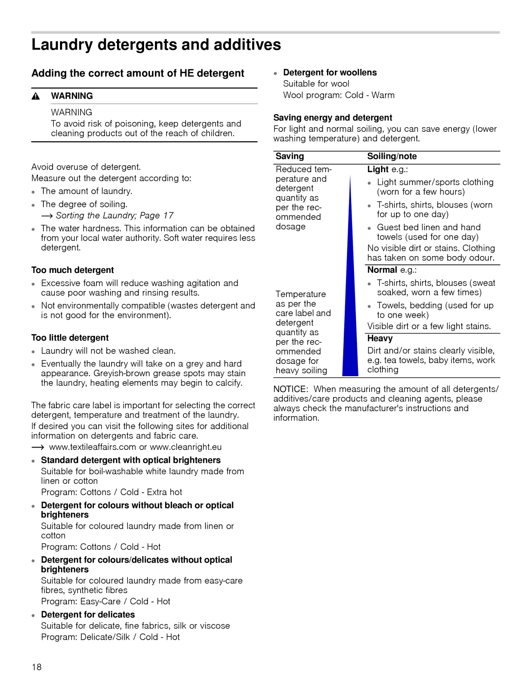 Bosch Appliances 24202UC manual Laundry detergents and additives, Adding the correct amount of HE detergent 