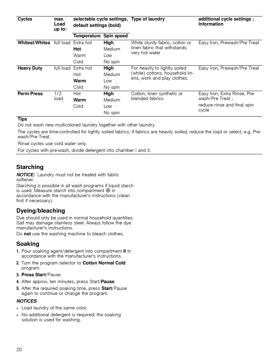 Bosch Appliances 24202UC manual Starching, Dyeing/bleaching, Soaking 