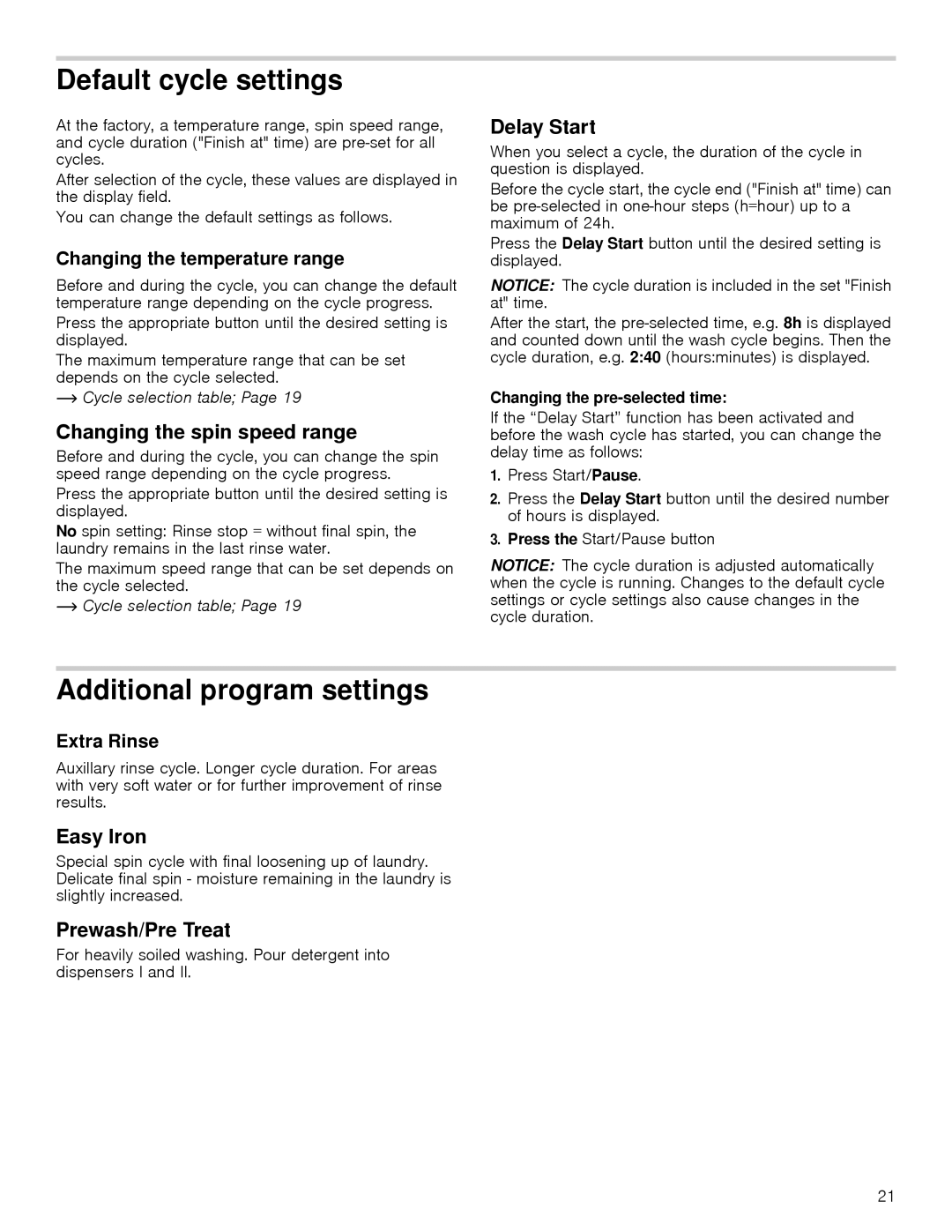 Bosch Appliances 24202UC manual Default cycle settings, Additional program settings 