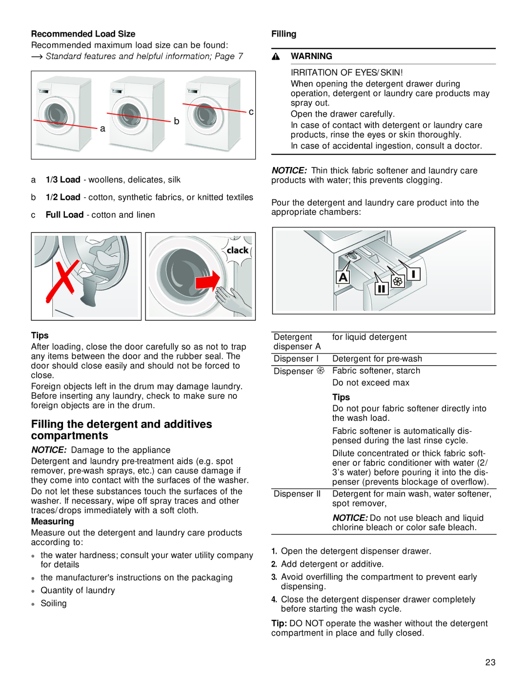 Bosch Appliances 24202UC manual Filling the detergent and additives compartments, Recommended Load Size, Measuring 