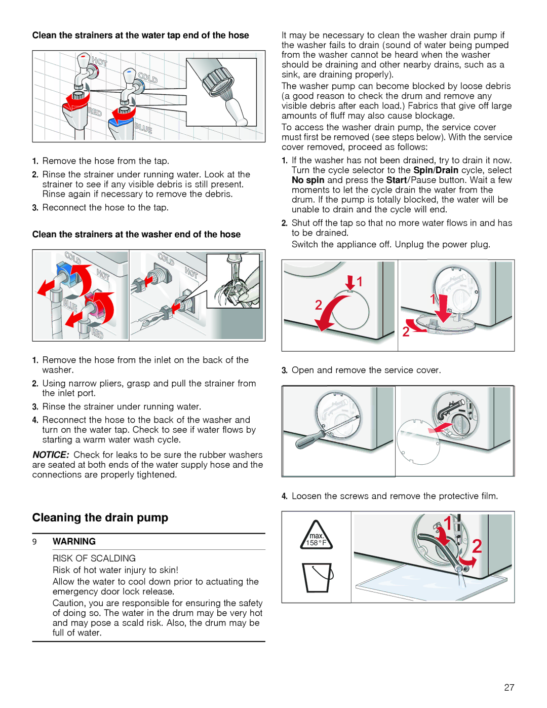 Bosch Appliances 24202UC Cleaning the drain pump, Clean the strainers at the water tap end of the hose, Risk of Scalding 