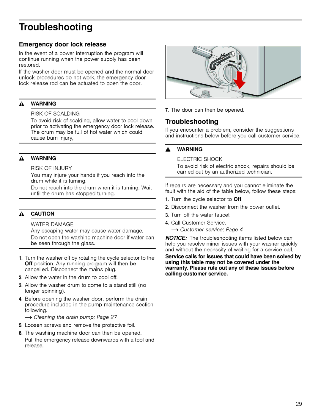 Bosch Appliances 24202UC manual Troubleshooting, Emergency door lock release, ~ Cleaning the drain pump 