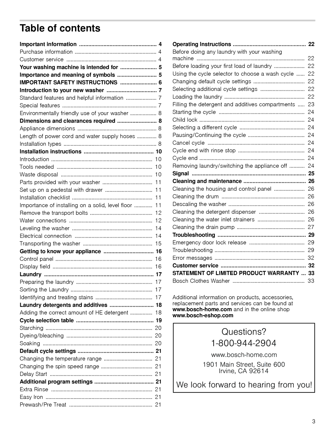 Bosch Appliances 24202UC manual Table of contents 