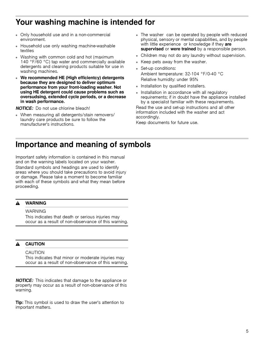 Bosch Appliances 24202UC manual Your washing machine is intended for, Importance and meaning of symbols 