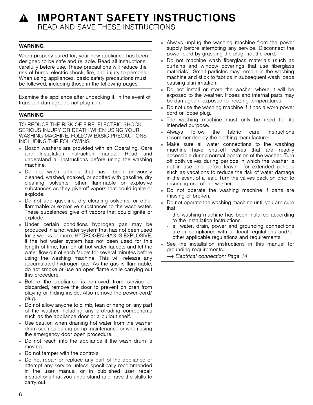 Bosch Appliances 24202UC manual Important Safety Instructions, ~ Electrical connection 