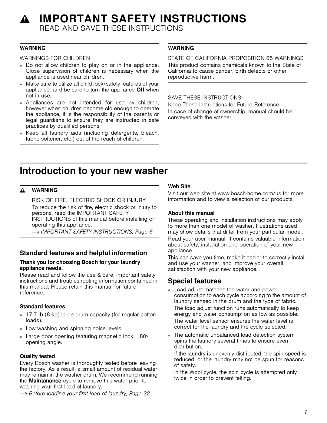 Bosch Appliances 24202UC Introduction to your new washer, Special features, Standard features and helpful information 