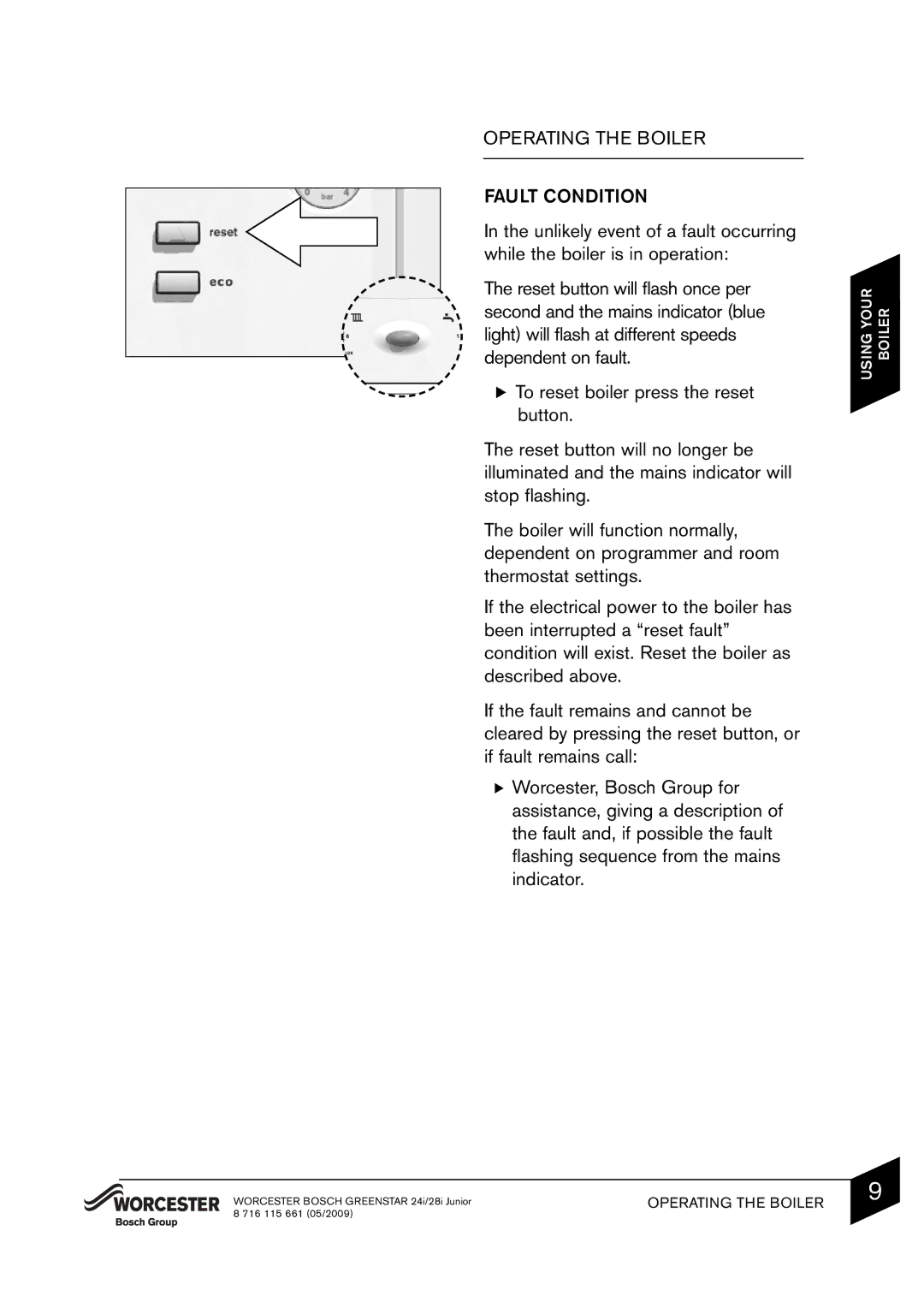 Bosch Appliances 24i junior manual Operating the Boiler Fault Condition 