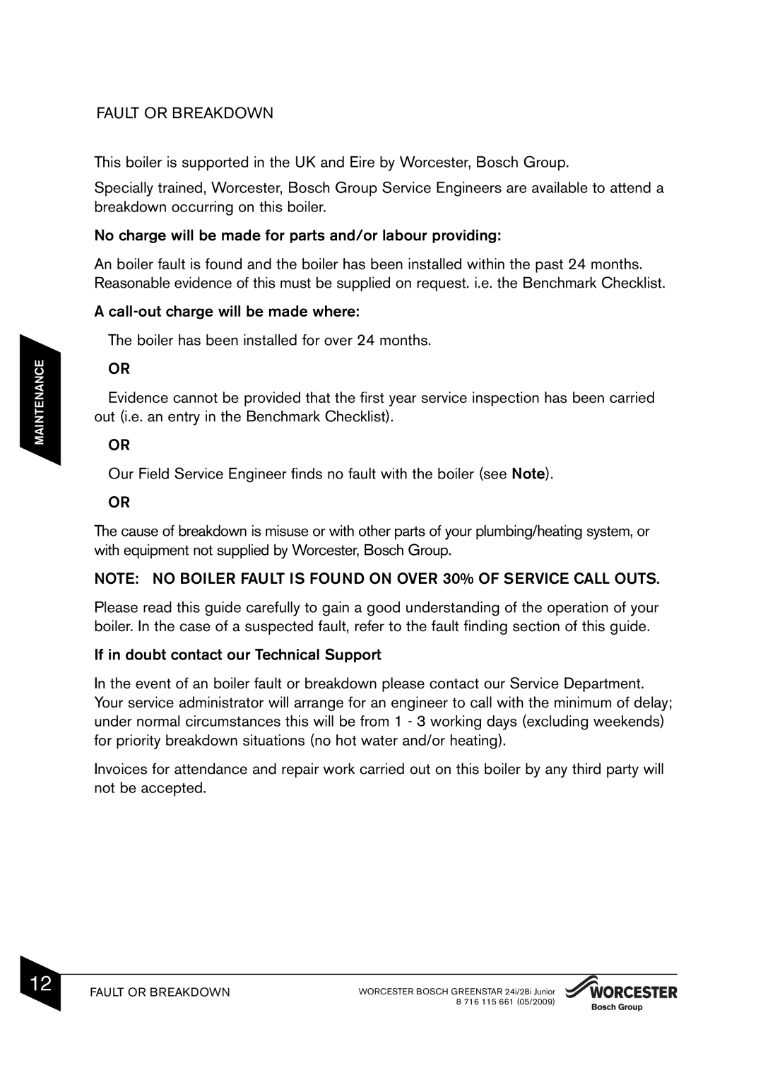 Bosch Appliances 24i junior manual Fault or Breakdown 