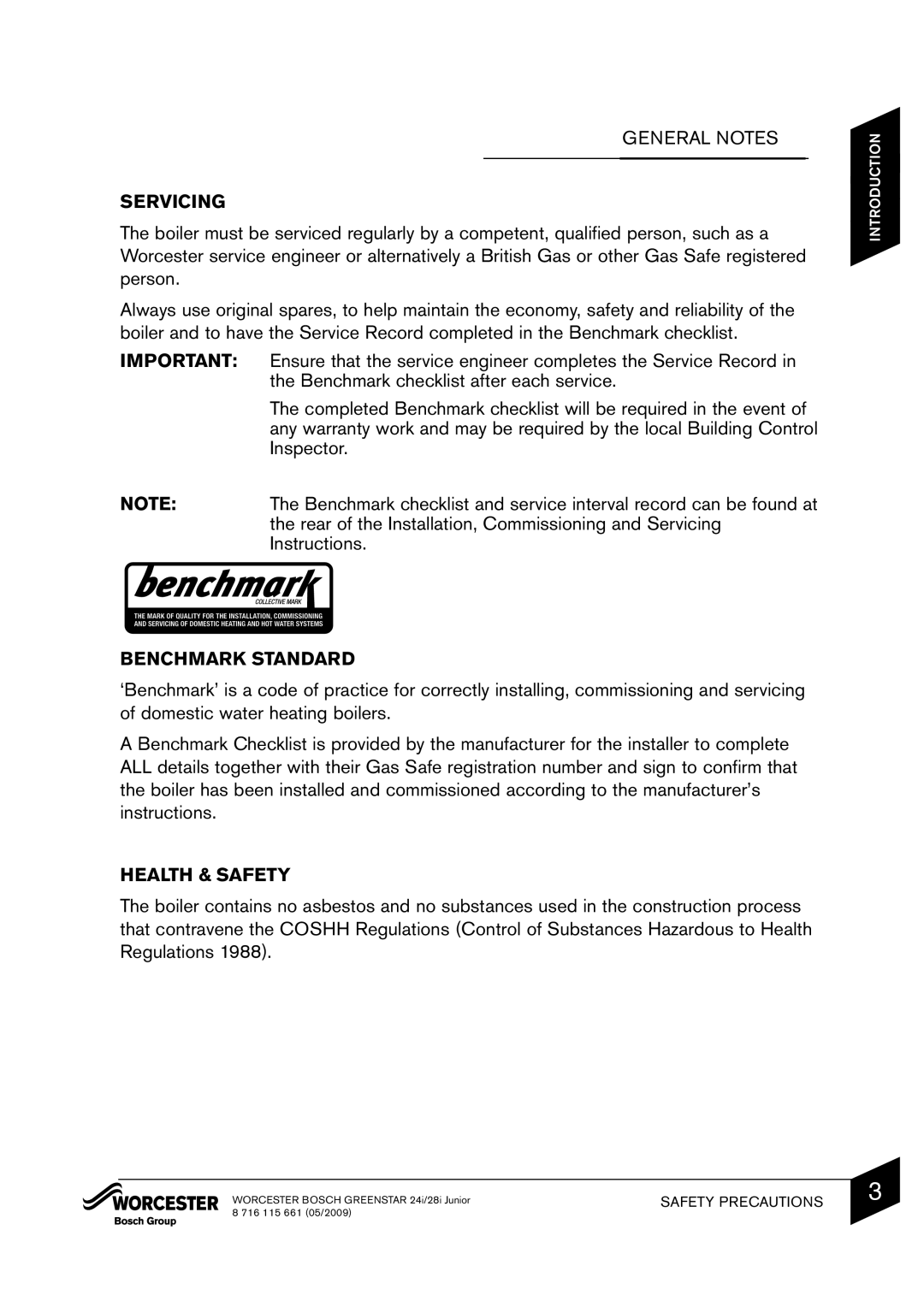 Bosch Appliances 24i junior manual Servicing, Benchmark Standard, Health & Safety 