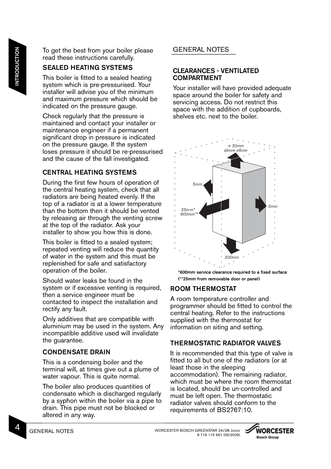 Bosch Appliances 24i junior manual Sealed Heating Systems, Central Heating Systems, Condensate Drain, Room Thermostat 