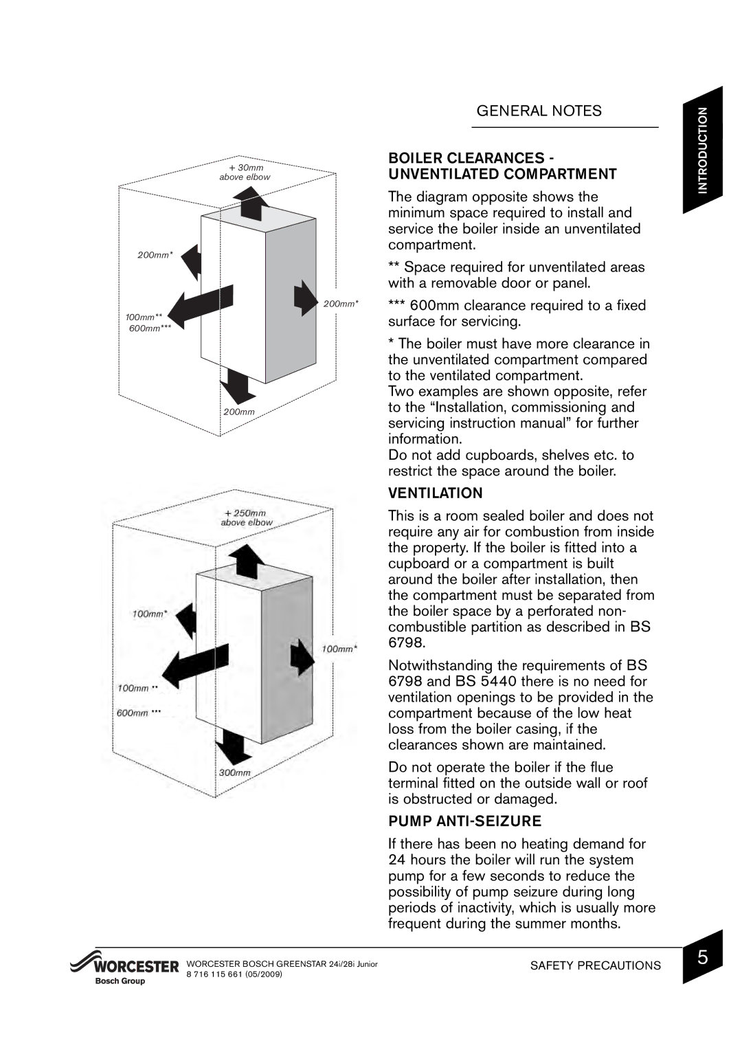 Bosch Appliances 24i junior manual Boiler Clearances, Unventilated Compartment, Ventilation, Pump ANTI-SEIZURE 