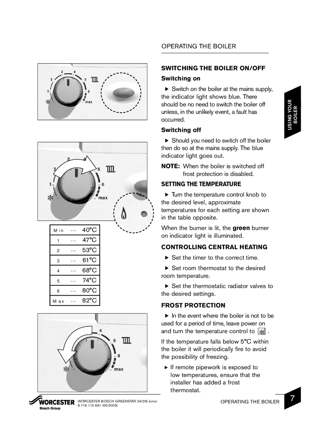 Bosch Appliances 24i junior manual Switching the Boiler ON/OFF, Setting the Temperature, Controlling Central Heating 