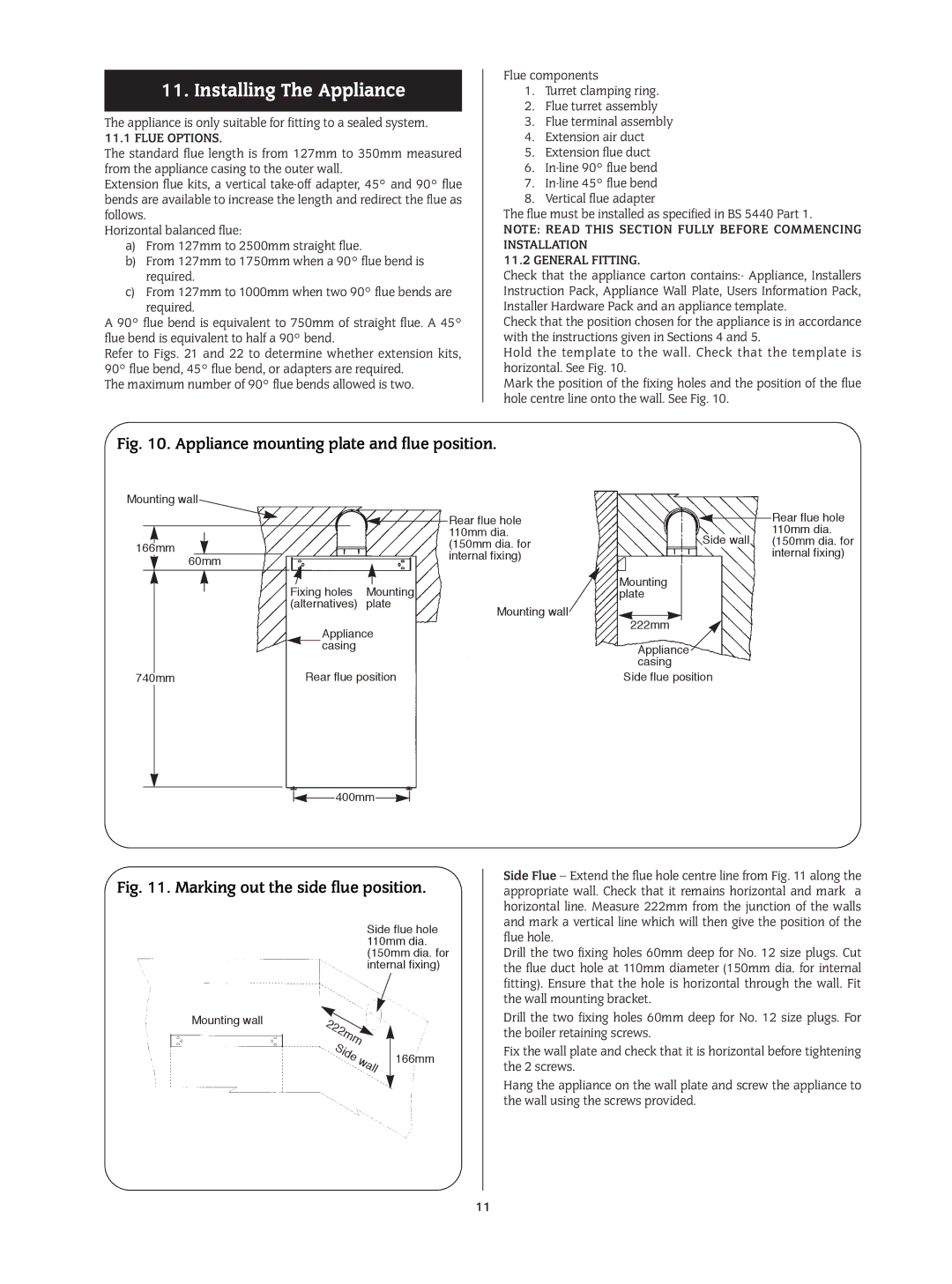 Bosch Appliances 24I RSF manual Installing The Appliance, Flue Options, General Fitting 