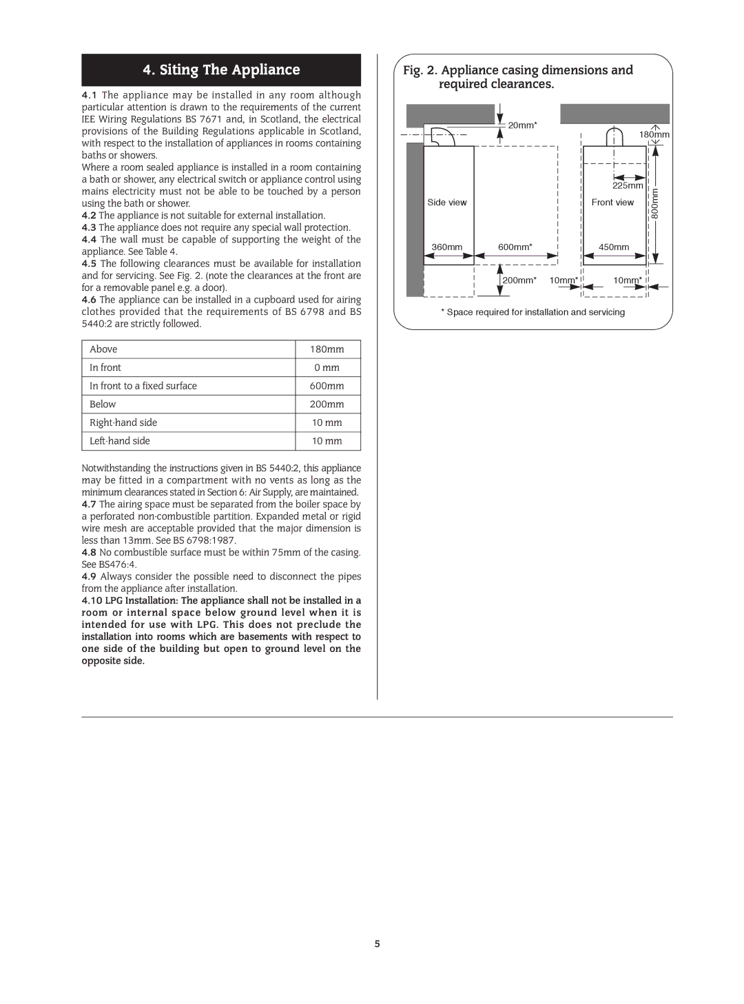 Bosch Appliances 24I RSF manual Siting The Appliance, Appliance casing dimensions and required clearances 