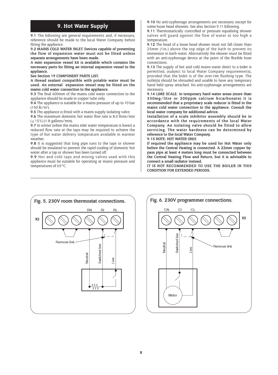 Bosch Appliances 24I RSF manual Hot Water Supply, Room thermostat connections 