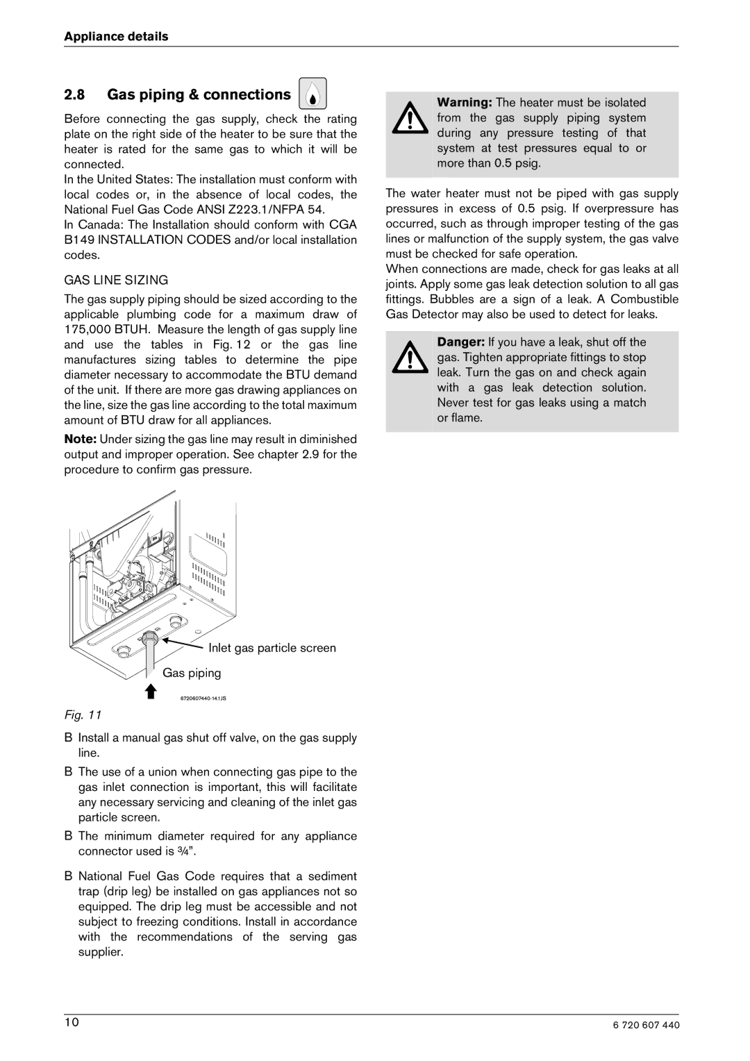 Bosch Appliances 250 SXO NG, 250 SXO LP manual Gas piping & connections, GAS Line Sizing 