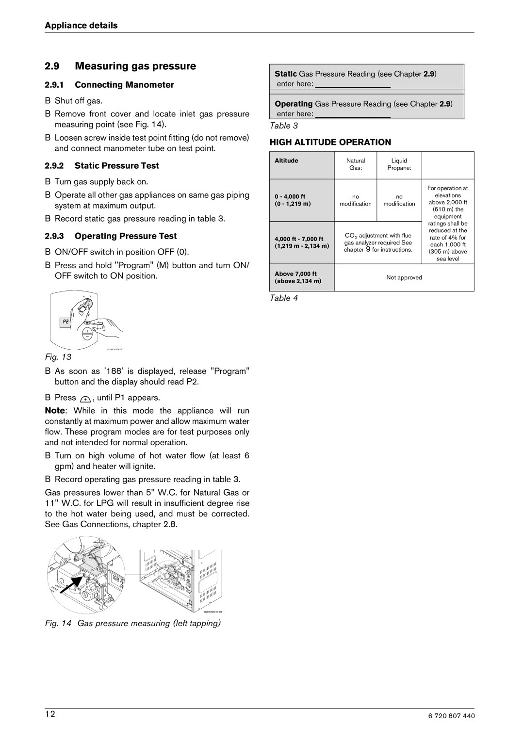 Bosch Appliances 250 SXO NG, 250 SXO LP manual Measuring gas pressure, High Altitude Operation 