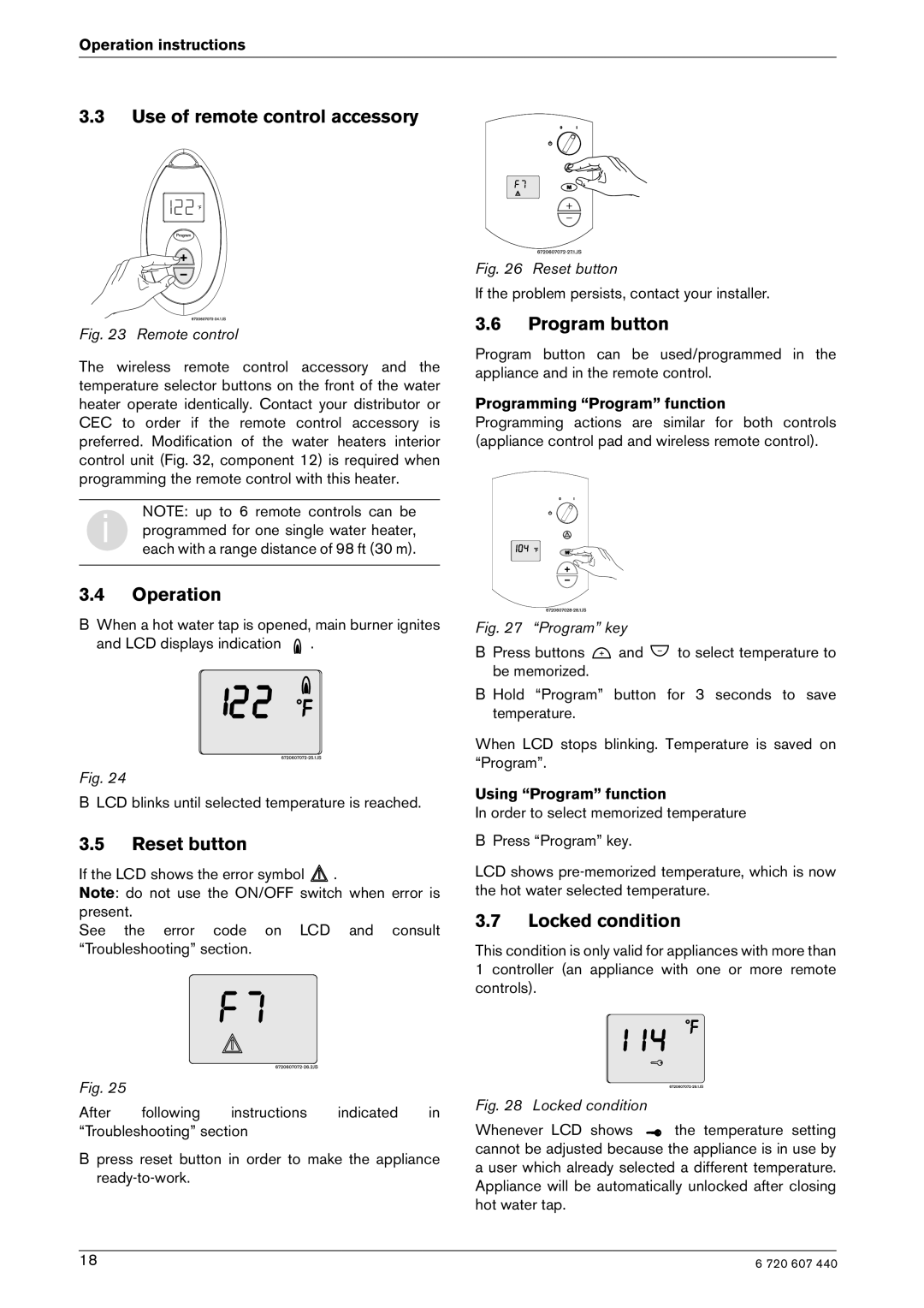 Bosch Appliances 250 SXO NG Use of remote control accessory, Operation, Reset button, Program button, Locked condition 