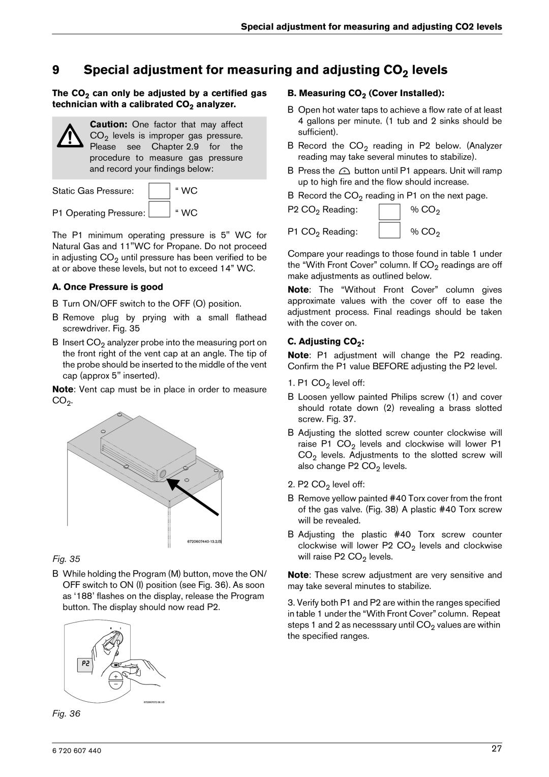 Bosch Appliances 250 SXO LP, 250 SXO NG manual Special adjustment for measuring and adjusting CO2 levels 