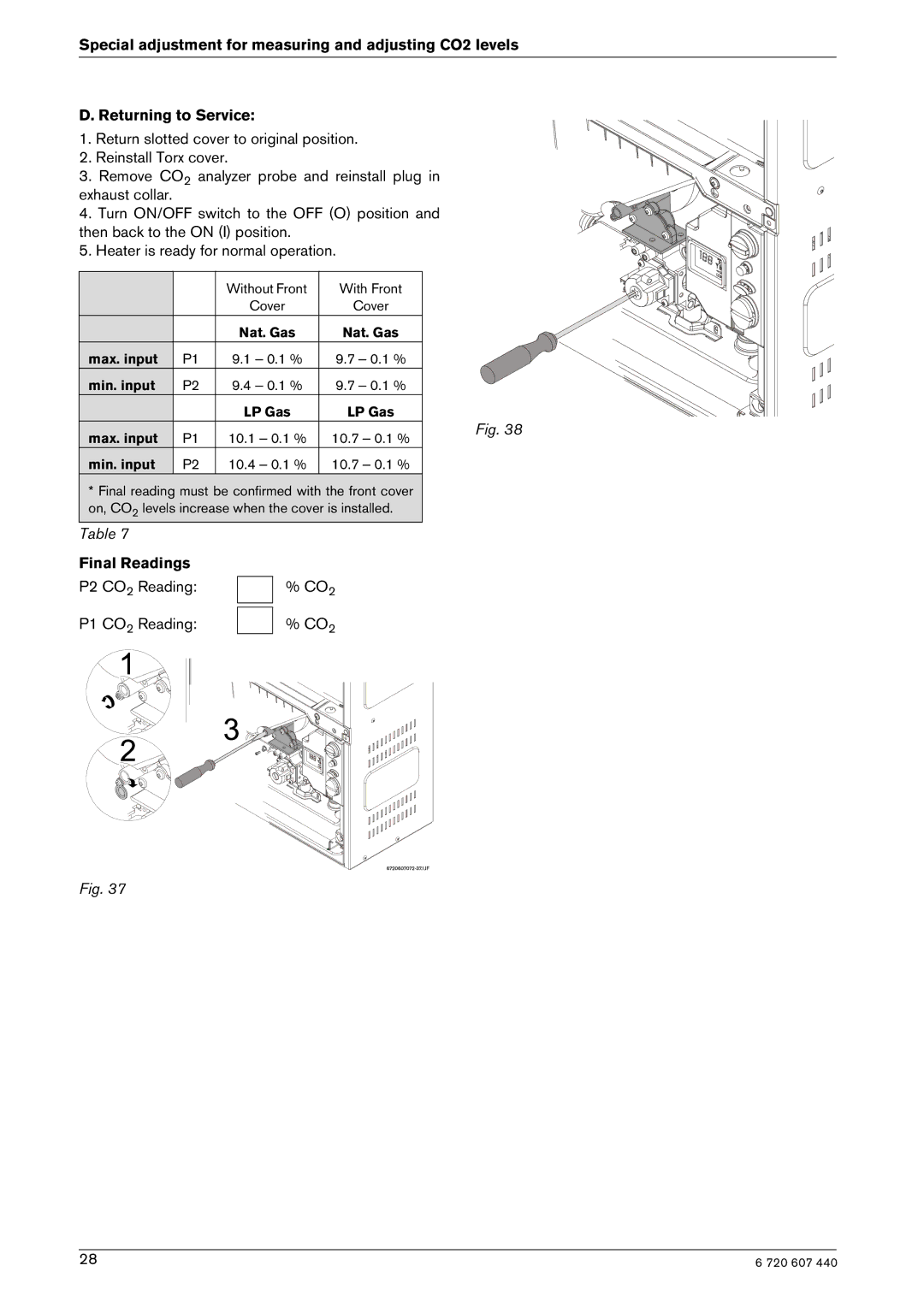 Bosch Appliances 250 SXO NG, 250 SXO LP manual Final Readings P2 CO2 Reading P1 CO2 Reading 