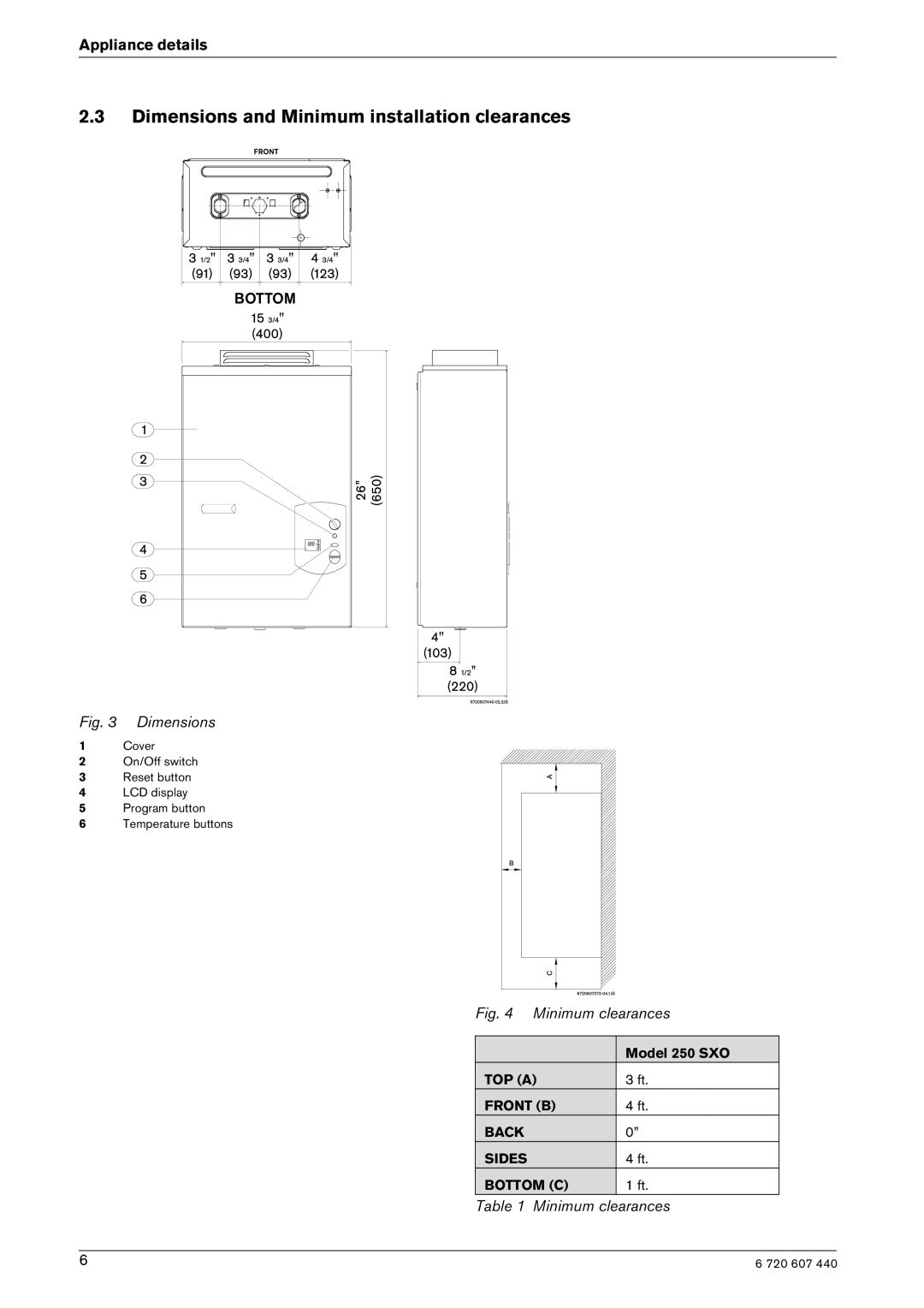 Bosch Appliances 250 SXO NG, 250 SXO LP manual Dimensions and Minimum installation clearances 