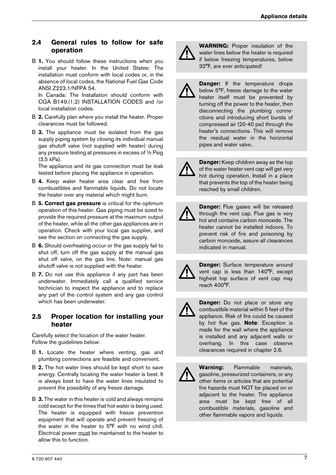 Bosch Appliances 250 SXO LP manual General rules to follow for safe operation, Proper location for installing your heater 