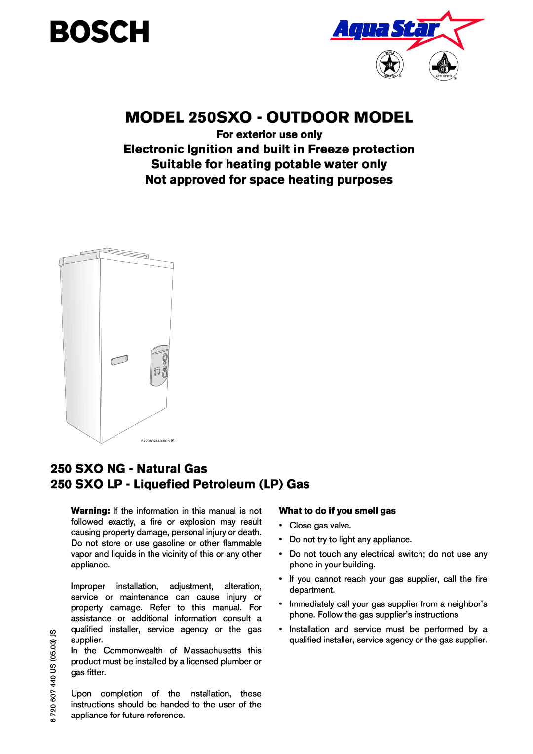 Bosch Appliances 250 SXO LP, 250 SXO NG manual Electronic Ignition and built in Freeze protection, For exterior use only 