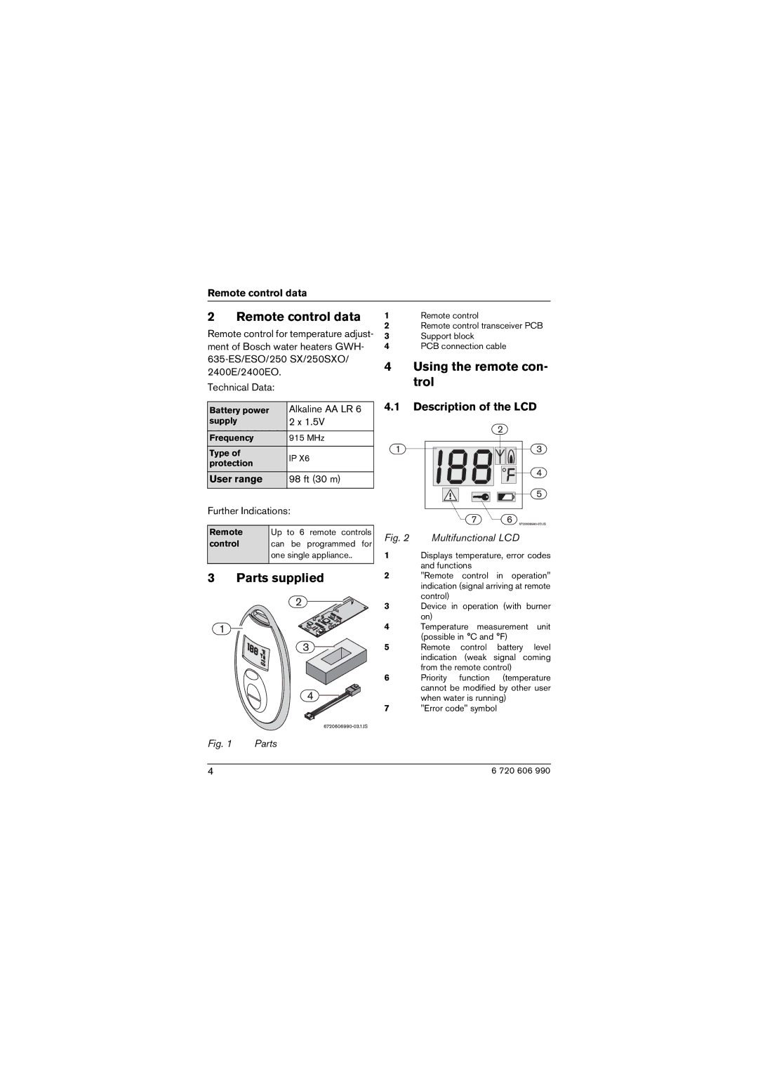 Bosch Appliances ESO, 250SX, 2400E Remote control data, Using the remote con- trol, Parts supplied, Description of the LCD 