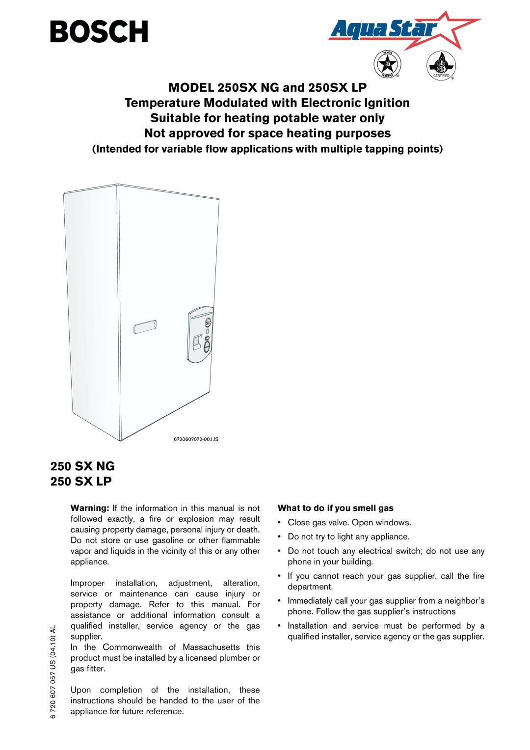 Bosch Appliances 250SX NG, 250SX LP manual Sx Ng Sx Lp, What to do if you smell gas 