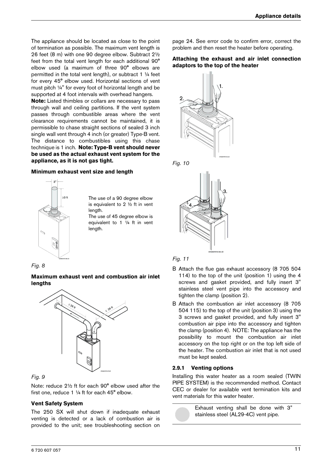 Bosch Appliances 250SX NG, 250SX LP manual Minimum exhaust vent size and length, Venting options 