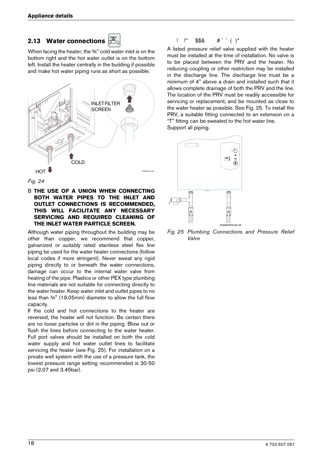 Bosch Appliances 250SX LP, 250SX NG manual Water connections, Plumbing Connections and Pressure Relief Valve 