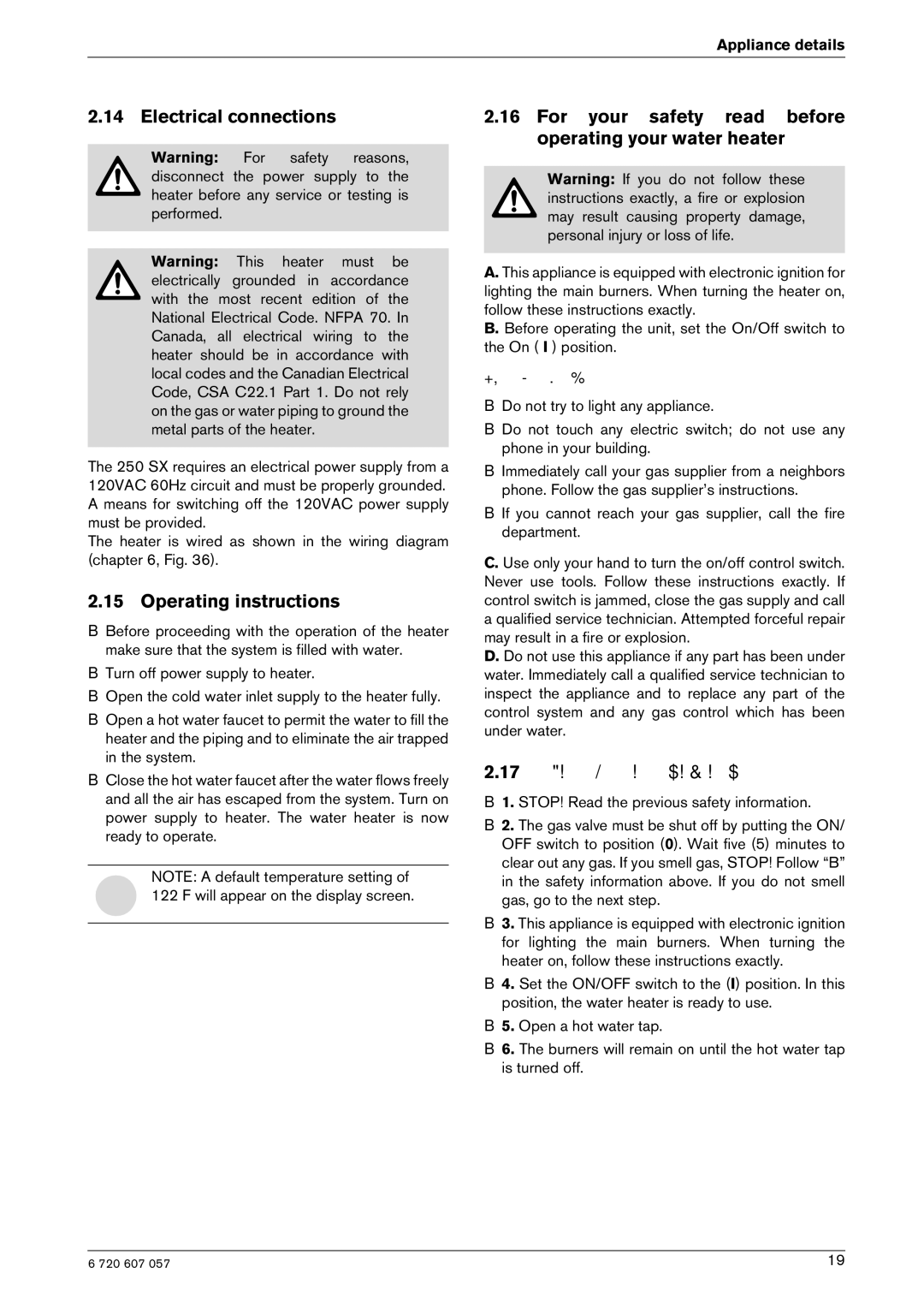 Bosch Appliances 250SX NG, 250SX LP manual Electrical connections, Operating instructions, What to do if YOU Smell GAS 