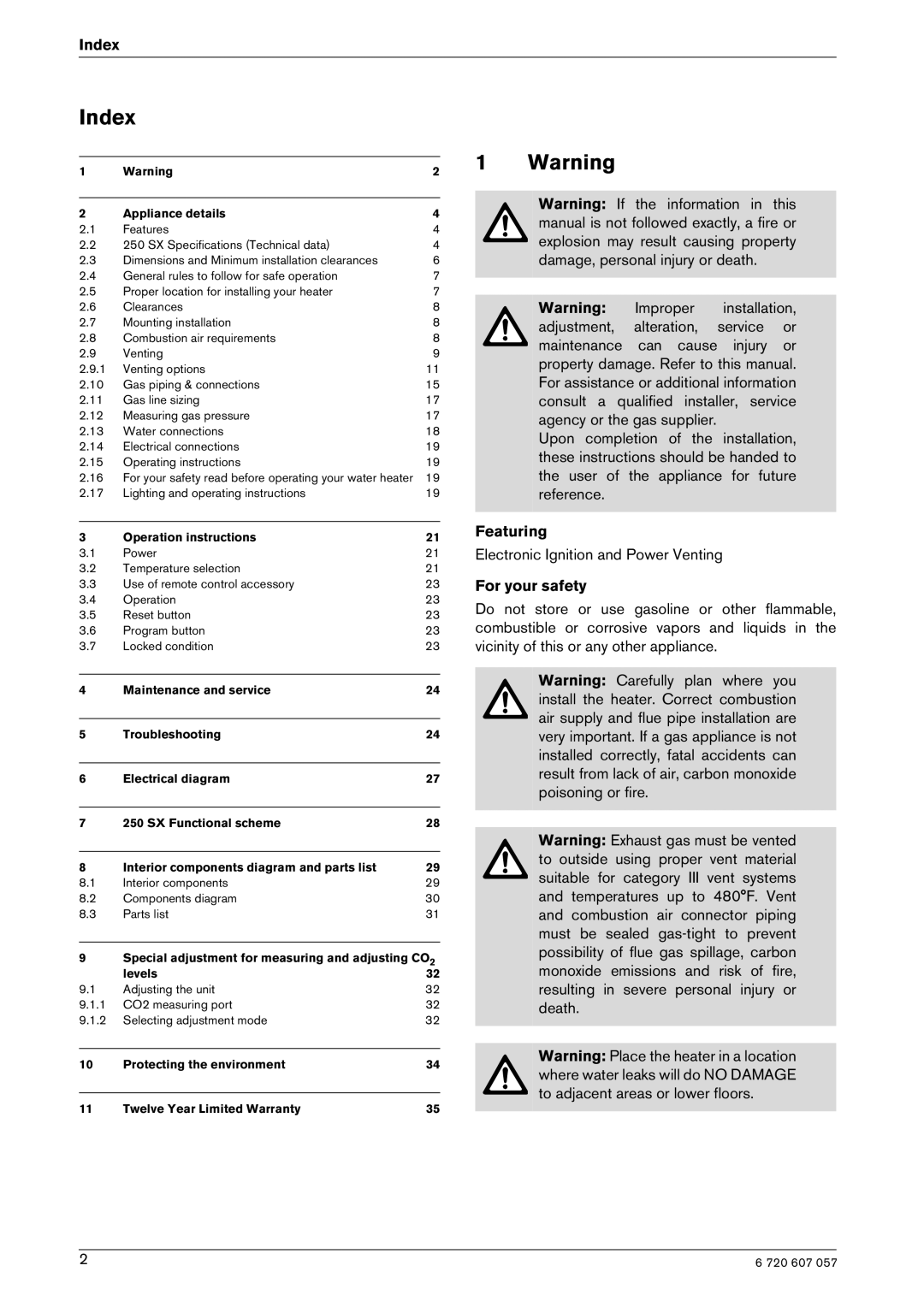 Bosch Appliances 250SX LP, 250SX NG manual Index, Featuring, For your safety 