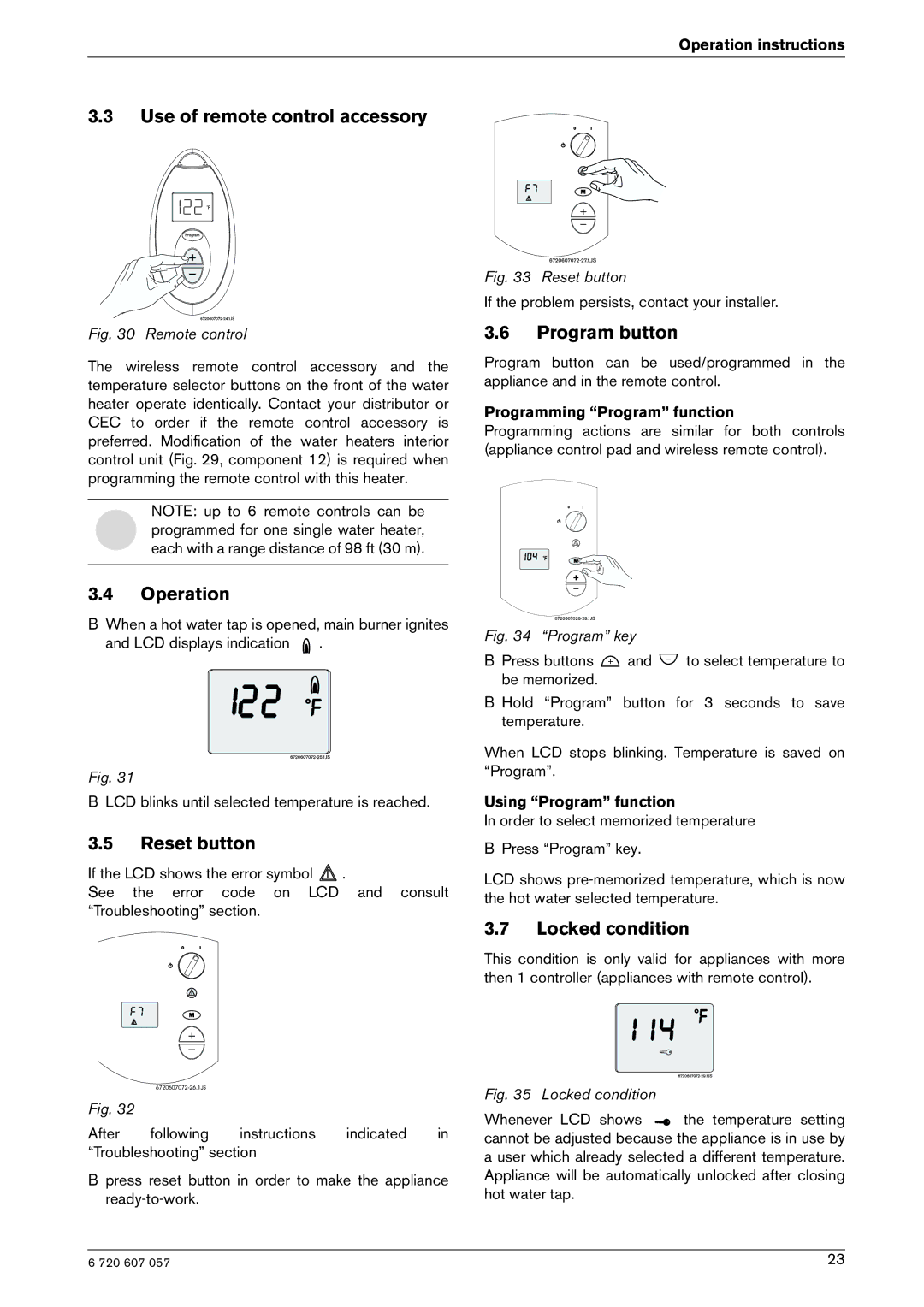 Bosch Appliances 250SX NG manual Use of remote control accessory, Operation, Reset button, Program button, Locked condition 