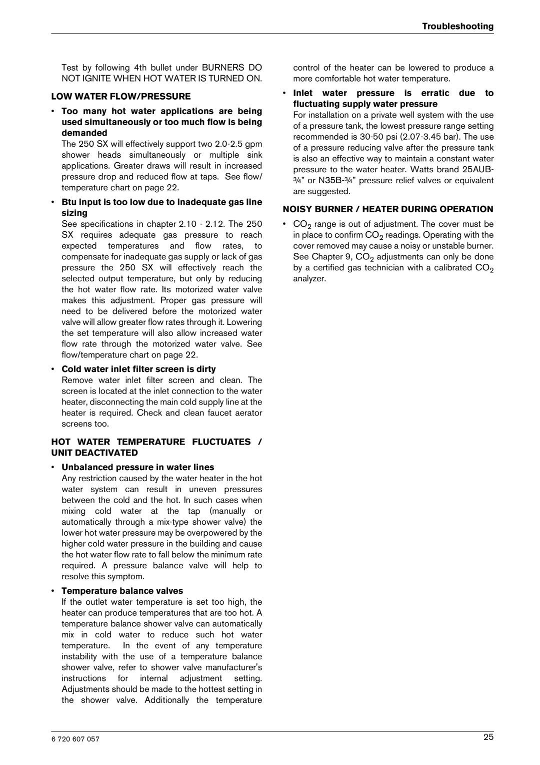 Bosch Appliances 250SX NG, 250SX LP manual Troubleshooting, Unbalanced pressure in water lines, Temperature balance valves 