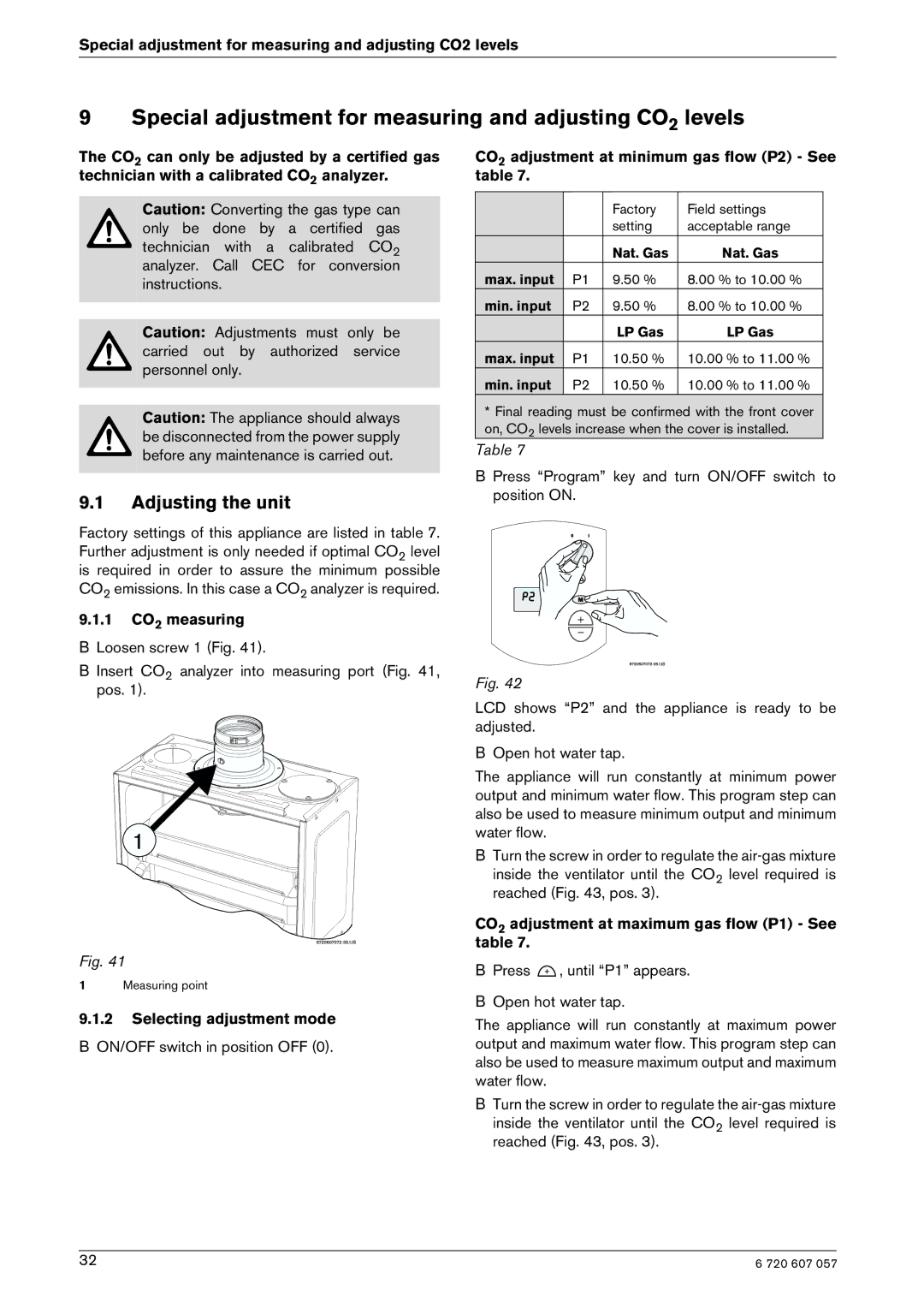 Bosch Appliances 250SX LP, 250SX NG manual Special adjustment for measuring and adjusting CO2 levels, Adjusting the unit 