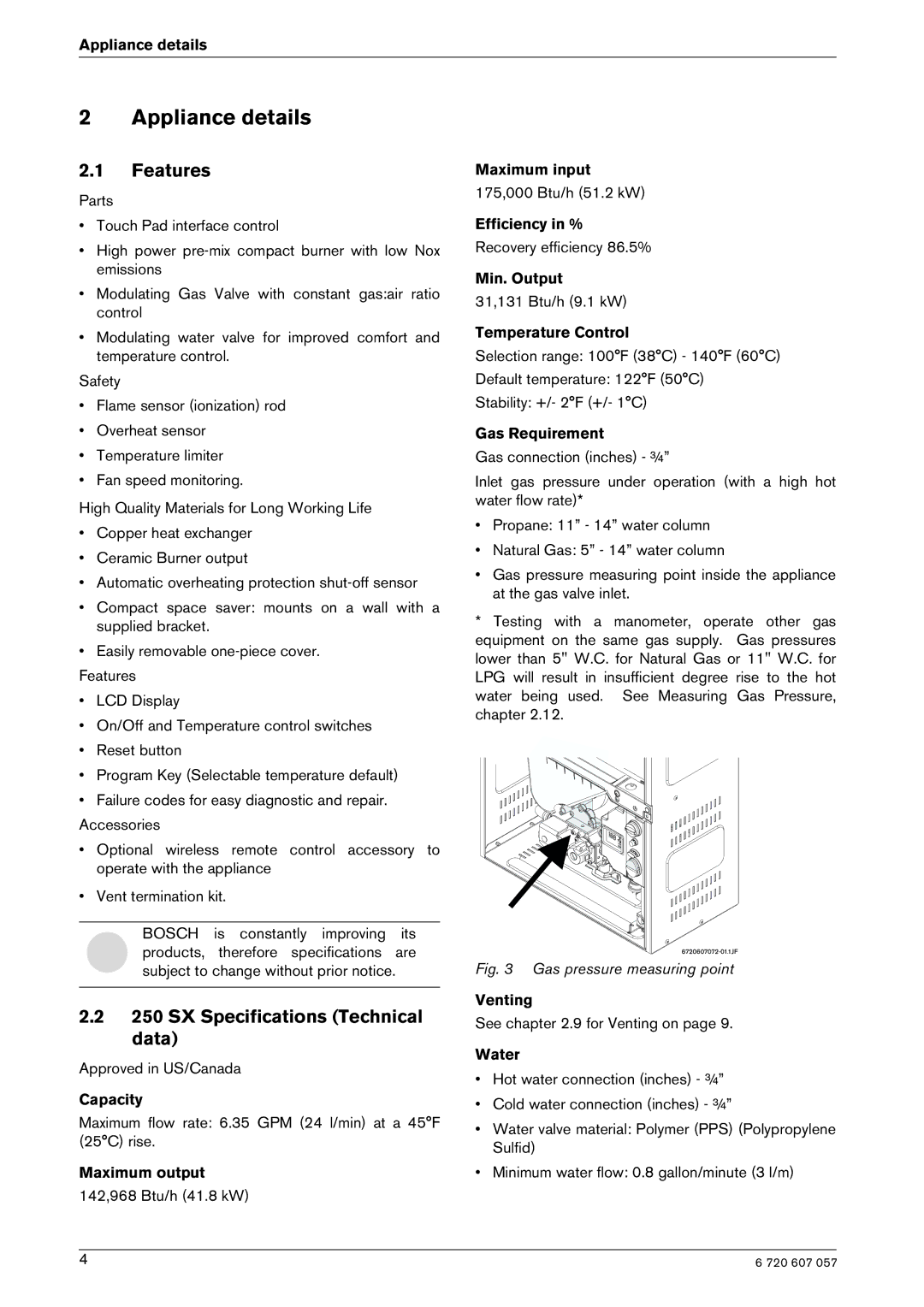 Bosch Appliances 250SX LP, 250SX NG manual Appliance details, Features, SX Specifications Technical data 