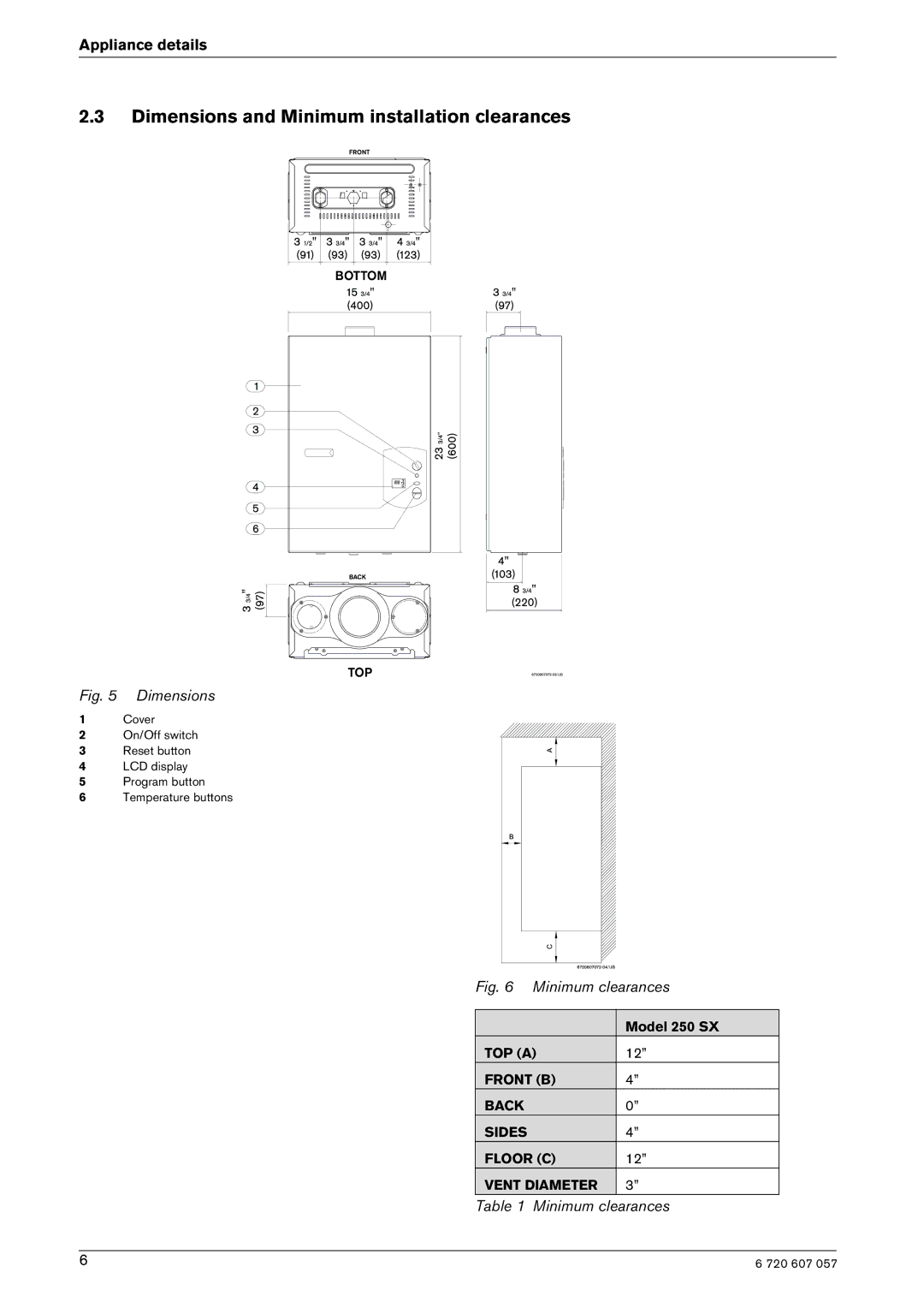 Bosch Appliances 250SX LP, 250SX NG manual Dimensions and Minimum installation clearances 