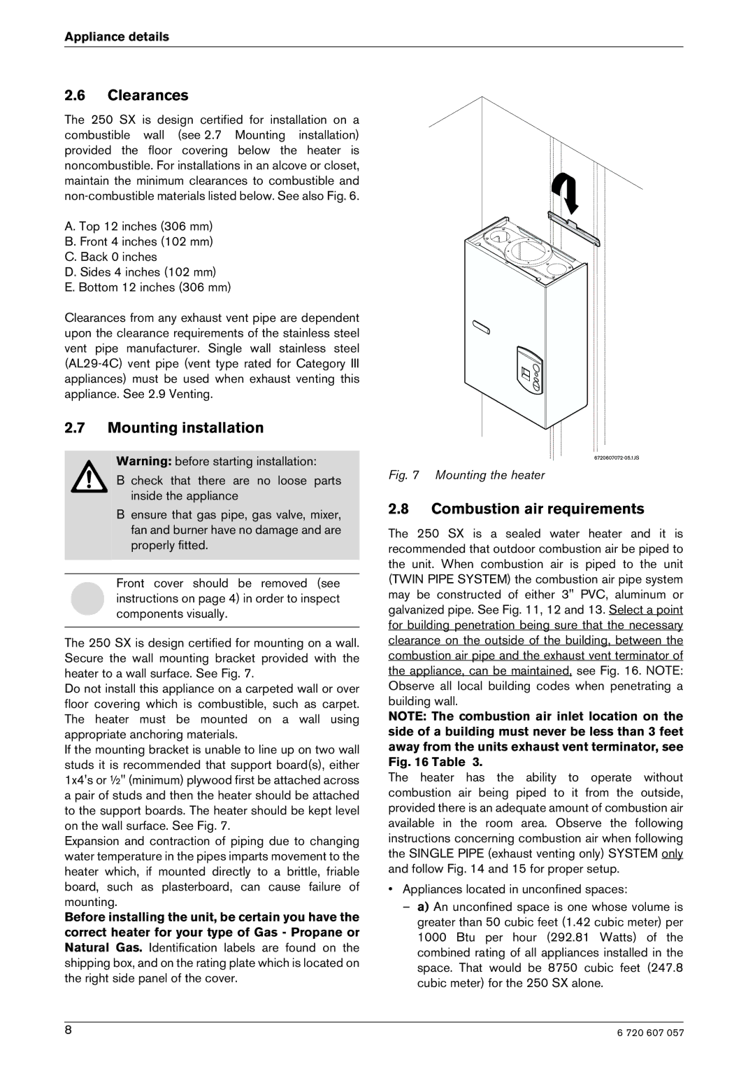 Bosch Appliances 250SX LP, 250SX NG manual Clearances, Mounting installation, Combustion air requirements 