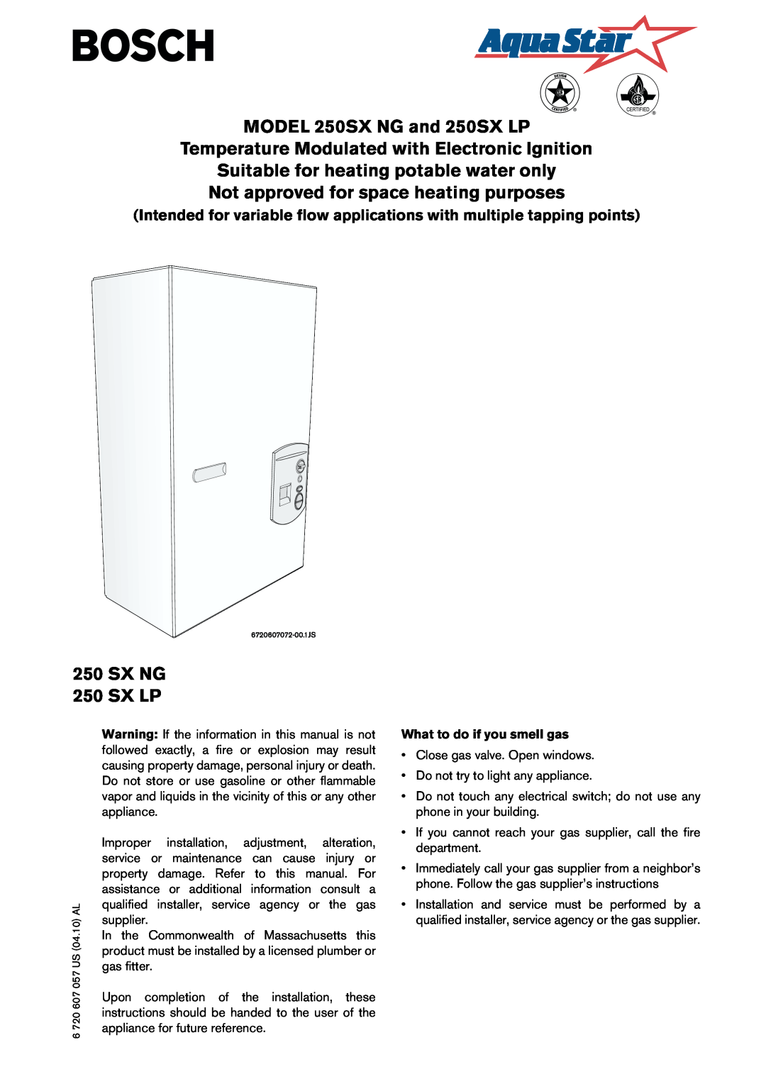 Bosch Appliances manual MODEL 250SX NG and 250SX LP, Temperature Modulated with Electronic Ignition, SX NG 250 SX LP 